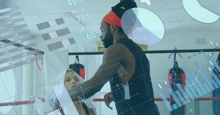 Image of digital interface with statistics and data processing over female boxer with male coach...