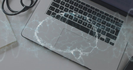Image of shapes and digital brain over stethoscope and laptop. Global medicine and digital interface...