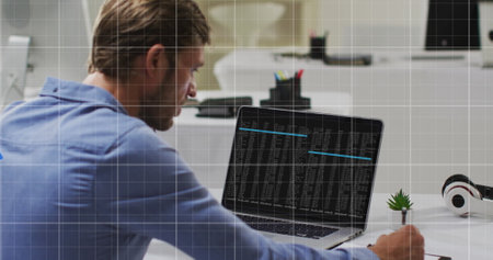 Image of data processing over caucasian businessman in office. Global business and digital interface...