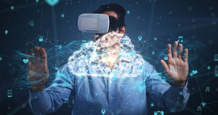 Image of digital interface with icons and network of connections with man wearing VR headset. Global...