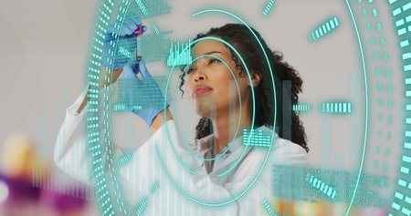 Image of data processing over biracial female doctor with test tubes. Global medicine and digital interface concept digitally generated image.の写真素材