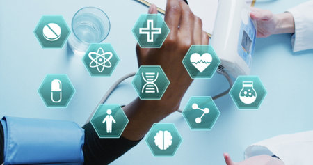 Image of medical icons over caucasian female doctor with pressure meter. Global medicine and digital interface concept digitally generated image.の写真素材