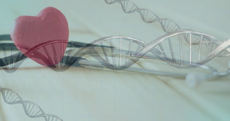 Image of dna strands and scope scanning over stethoscope and heart. Global medicine and digital...