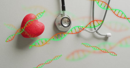 Image of dna strands over heart and stethoscope. Global medicine and digital interface concept...