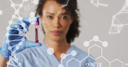 Image of dna strand and shapes over biracial female doctor with test tube. Global medicine and...
