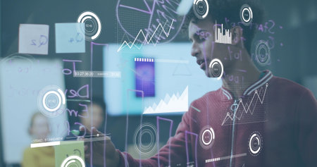 Image of data processing over diverse business people in office. Global business and digital...