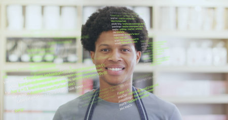 Image of data processing over biracial male shop assistant smiling. Global business and digital...