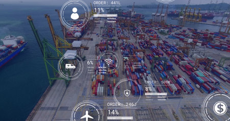 Image of icons with data processing over shipyard. Global delivery, shipping, transport and retail concept digitally generated image.の写真素材