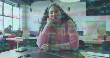 Image of data processing over diverse business people in office. Global business and digital...