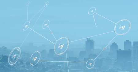 Image of network of conncetions with icons over cityscape. Global conncetions, business and digital...