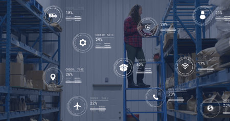 Image of icons with data processing over caucasian male worker in warehouse. Global delivery,...
