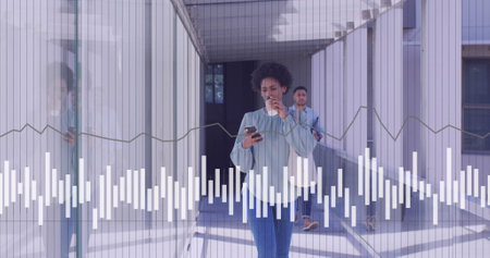 Image of data processing over diverse business people walking. Global business and digital interface...
