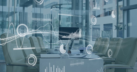 Image of network of conncetions with icons over office interior. Global conncetions, business and...