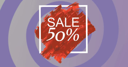 Image of sale 50 percent text in white frame on red and purple circles. retro retail, shopping and savings concept digitally generated image.の写真素材