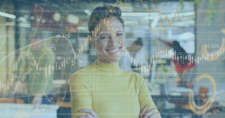 Image of data processing over biracial businesswoman smiling. Global business and digital interface...