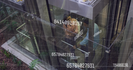 Image of data processing over diverse business people in elevator. Global business and digital...