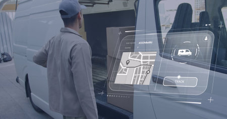 Image of digital interface with map and data processing over caucasian delivery man. Global...