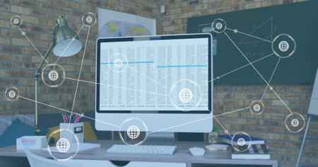 Image of network of conncetions with icons over computer with data processing on desk. Global...