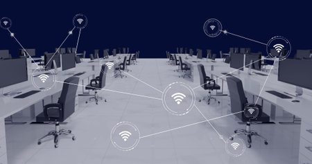 Image of network of conncetions with icons over office interior with desks and computers. Global...
