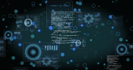 Image of data processing with scope scanning on black background. Global technology, computing and...