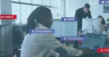 Image of media icons over diverse business people in office. Global business and digital interface...