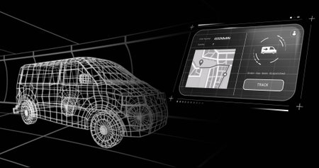 Image of digital interface with map and data processing over digital truck on black background. Global delivery, shipping and retail concept digitally generated image.の写真素材
