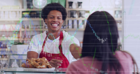 Image of data processing over diverse shop assistant and customer shopping. Global business and...