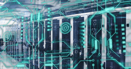 Image of connections and data processing over circuit board and servers. Global digital interface, cloud computing and data processing concept digitally generated image.の写真素材