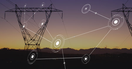 Image of network of conncetions with icons over pylons. Global conncetions, energy and digital...