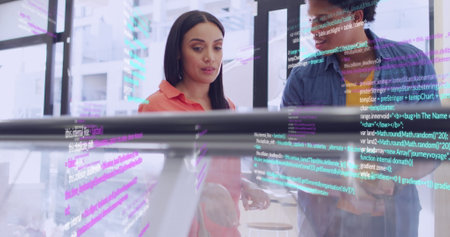 Image of data processing over diverse couple shopping. Global business and digital interface concept...