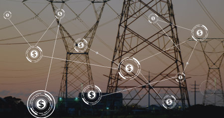 Image of network of conncetions with icons over pylon. Global conncetions, energy and digital...