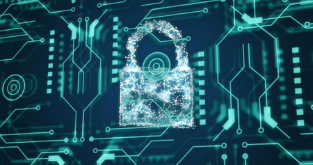 Image of padlock, connections and data processing over circuit board. Global digital interface,...