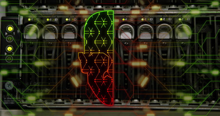 Image of human head, connections and data processing over circuit board and server. Global digital...