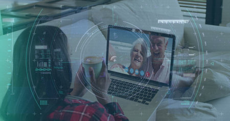 Image of scope scanning and data processing over woman using laptop on image call. digital interface...