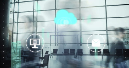 Image of cloud, connections and data processing over office. Global digital interface, cloud...