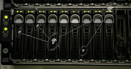 Image of network of conncetions with icons over server. Global conncetions, technology and digital...