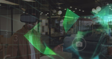Image of icons and data processing over african american man using vr headset. Global digital...
