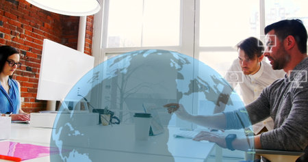 Image of icons and data processing over globe and caucaisan businessmen in office. Global digital...