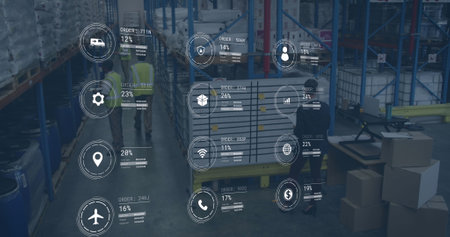Image of icons with data processing over diverse workers in warehouse. Global delivery, shipping and...