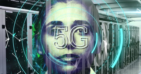Image of digital interface with icons and data processing. Global computer network technology 5G...