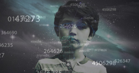 Image of digital interface with icons and data processing. Global computer network technology...