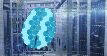 Image of human brain, connections and data processing over circuit board and servers. Global digital...