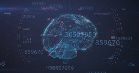 Multiple increasing numbers over spinning human brain against blue background. computer interface...