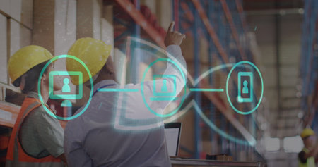 Image of icons and data processing over diverse people working in warehouse. Global shipping,...