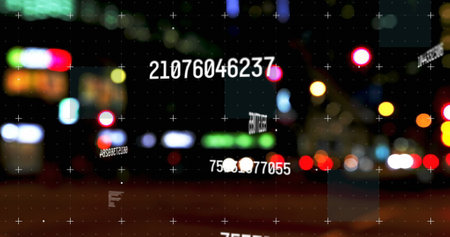 Digital composite image of multiple changing numbers against night city traffic. computer interface...