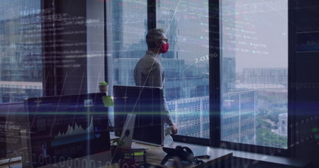 Image of financial data processing over businessman with face mask thinking in office. global...