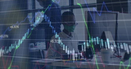 Image of financial data processing over businesswoman with face mask using computer in office....