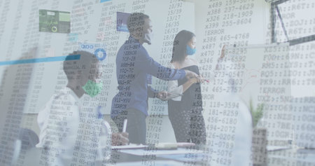 Image of financial data processing over diverse business people with face masks at meeting. global...