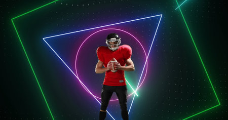 Image of neon scanner processing data over american football player holding ball. sport, competition...