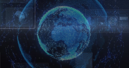Image of scopes scanning over network of global connections. global connections, data processing and...